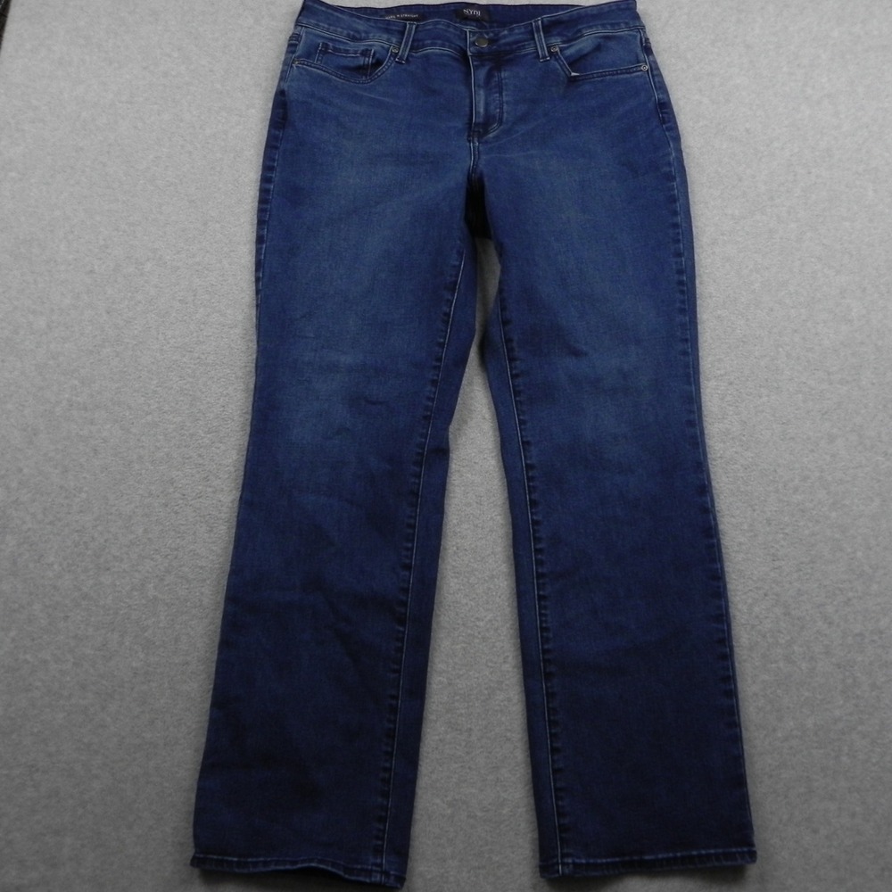 NYDJ Marilyn Straight Jeans Womens 14P Petite Blue Dark Wash Stretch Denim